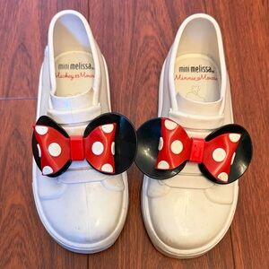 Mini Melissa White Minnie Mouse ears with Red and Black Polka Dot Bow shoes